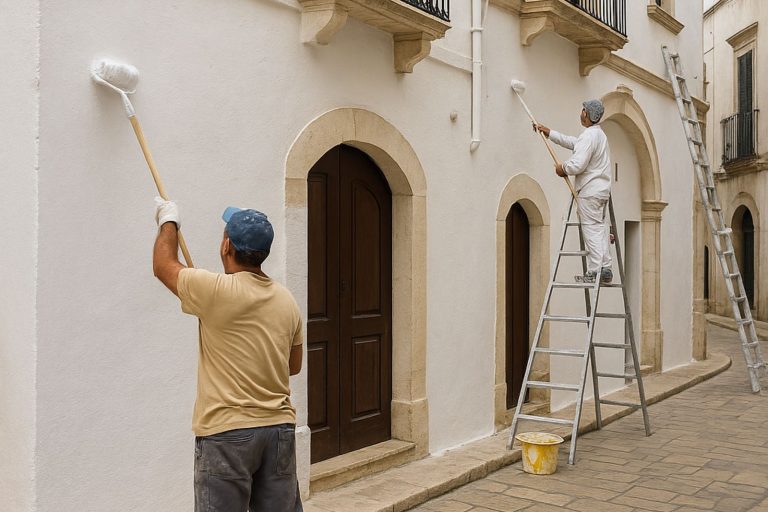Imbiancatura a calce di un edificio nel centro storico di Martina Franca