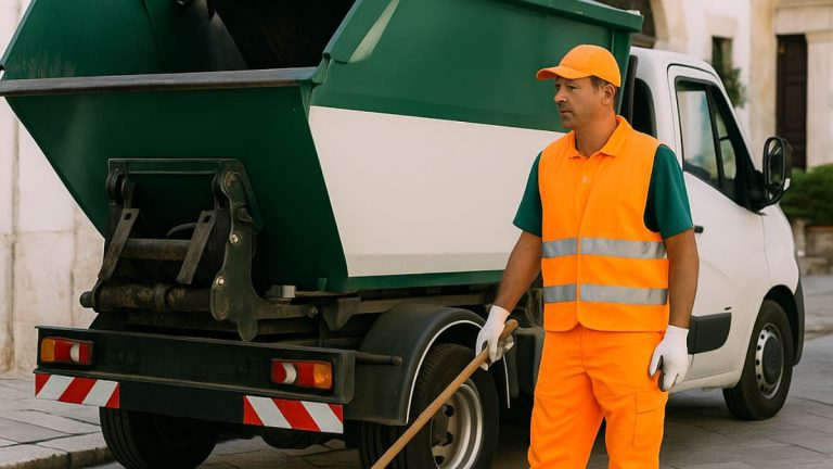Operatore ecologico durante il servizio di igiene urbana a Martina Franca