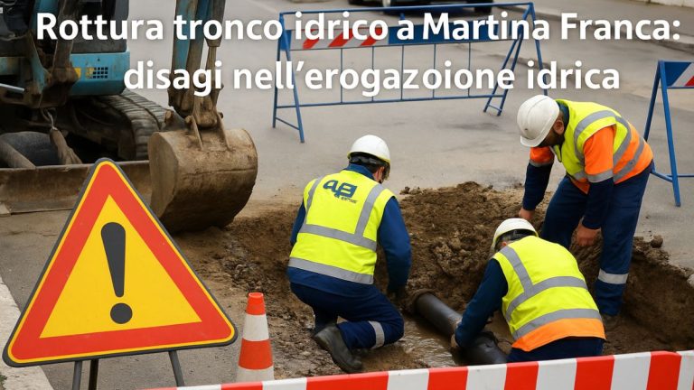 tecnici al lavoro per riparare la rottura tronco idrico a Martina Franca