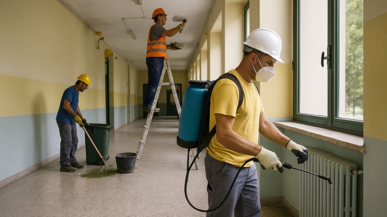 operai impegnati nei lavori di manutenzione nelle scuole in vista del nuovo anno scolastico