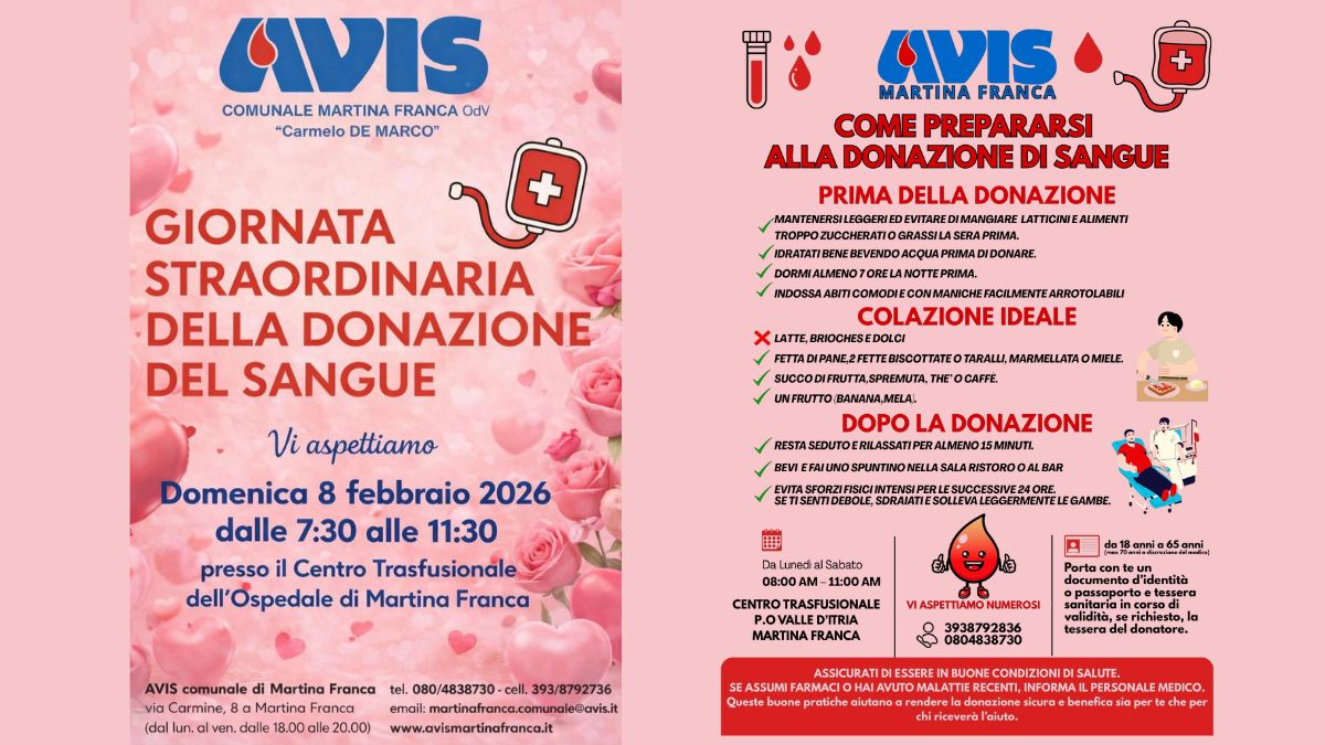 Avis Martina Franca domenica 8 febbraio 2026 giornata al Trasfusionale