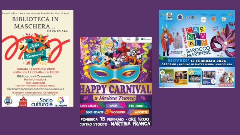 Sfilata del Carnevale a Martina Franca nel centro storico con maschere e famiglie in festa.