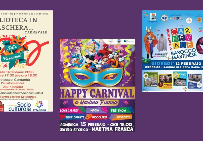 Sfilata del Carnevale a Martina Franca nel centro storico con maschere e famiglie in festa.