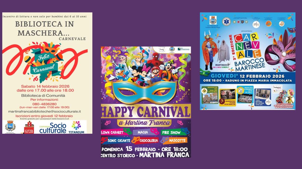 Sfilata del Carnevale a Martina Franca nel centro storico con maschere e famiglie in festa.