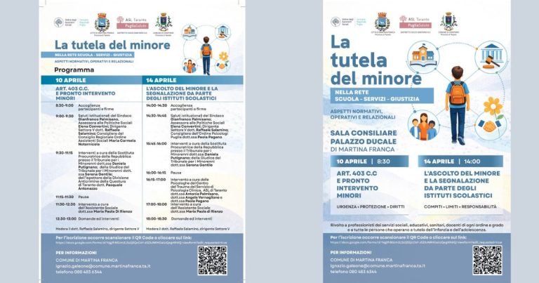 Convegno sulla tutela del minore nella scuola, servizi e giustizia al Palazzo Ducale di Martina Franca