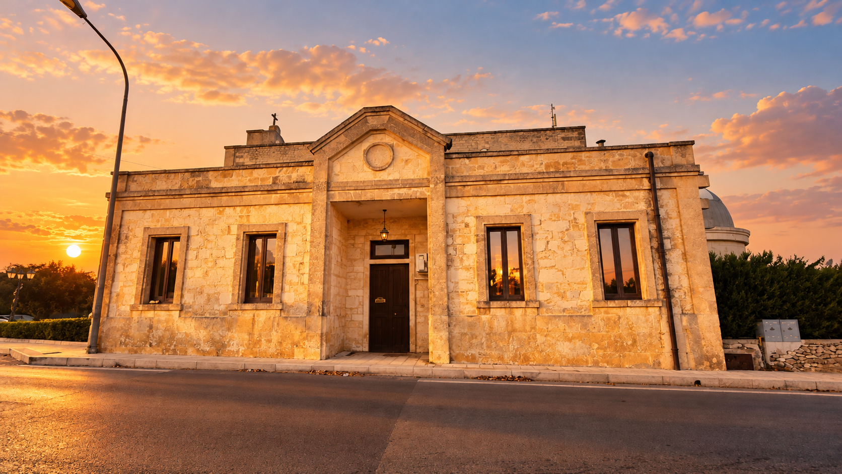 Edificio in pietra al tramonto mediterraneo